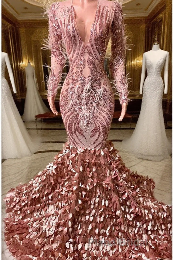 Mermaid V-neck Sequined Floor-length Long Sleeve Lace Formal Prom Dress With Feather Main image