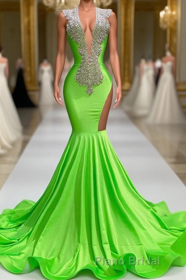 Mermaid V-neck Sequined Open Back Floor-length Sleeveless Lace Beading Formal Prom Dress Main image