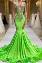 Mermaid V-neck Sequined Open Back Floor-length Sleeveless Lace Beading Formal Prom Dress