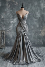 Mermaid V Neck Silver Spaghetti Straps Satin Long Formal Prom Dresses Sexy Evening Dresses