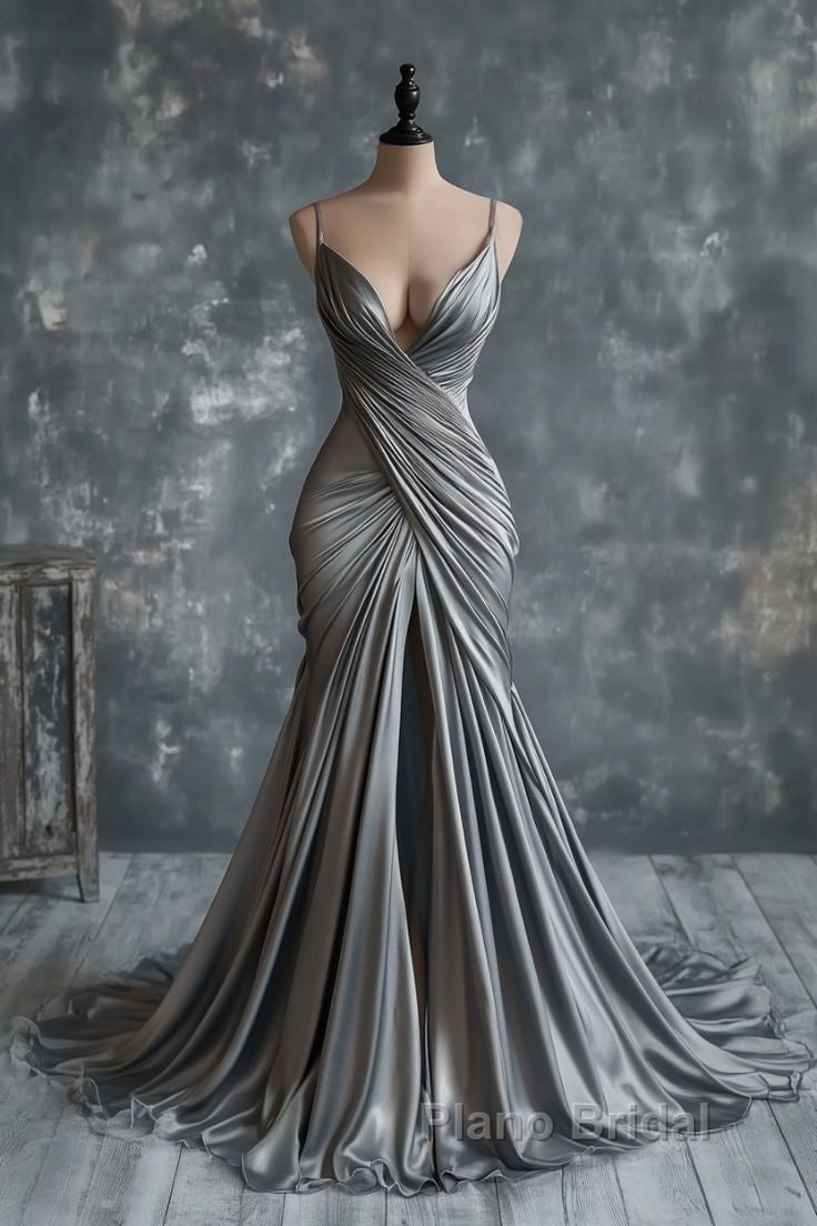 Mermaid V Neck Silver Spaghetti Straps Satin Long Formal Prom Dresses Sexy Evening Dresses Secondary image