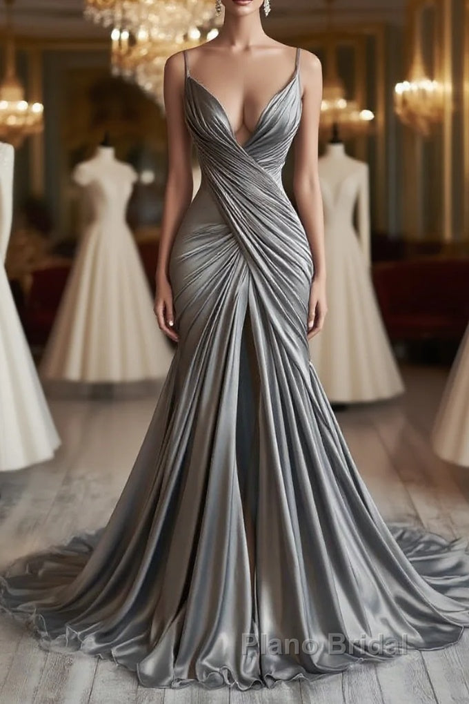 Mermaid V Neck Silver Spaghetti Straps Satin Long Formal Prom Dresses Sexy Evening Dresses Main image