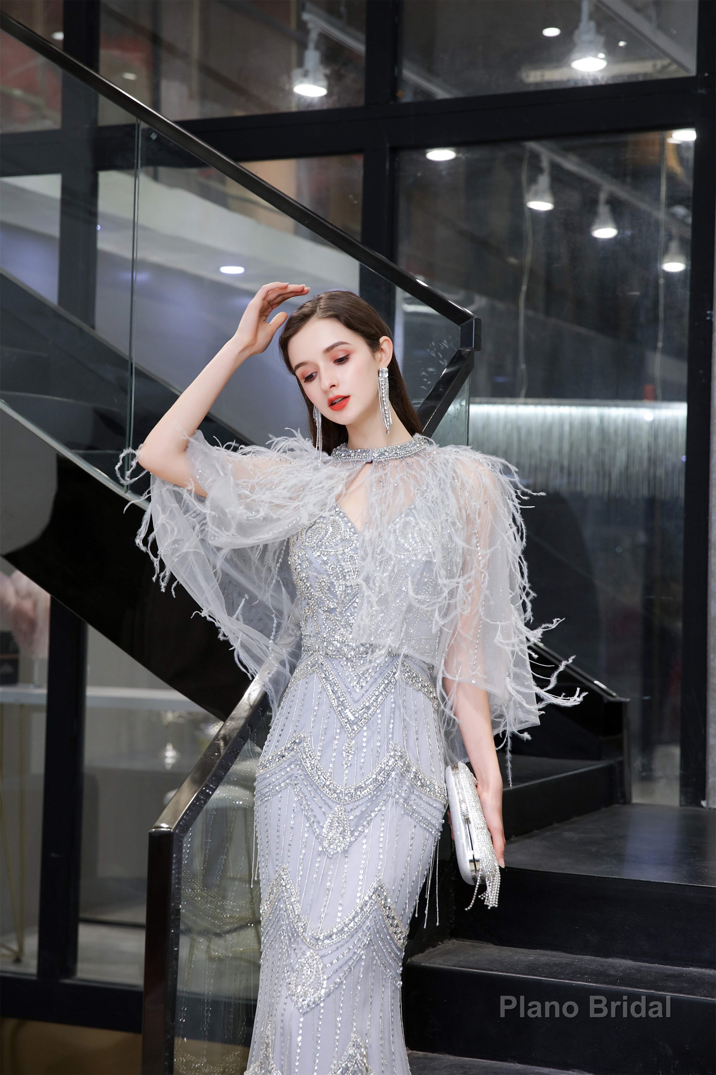 Mermaid V Neck Sleeveless Floor Length Prom Dresses With Crystal Beading