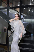 Mermaid V Neck Sleeveless Floor Length Prom Dresses With Crystal Beading