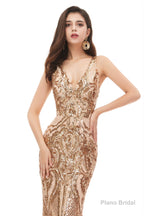Mermaid V Neck Sleeveless Sequind Long Prom Dresses