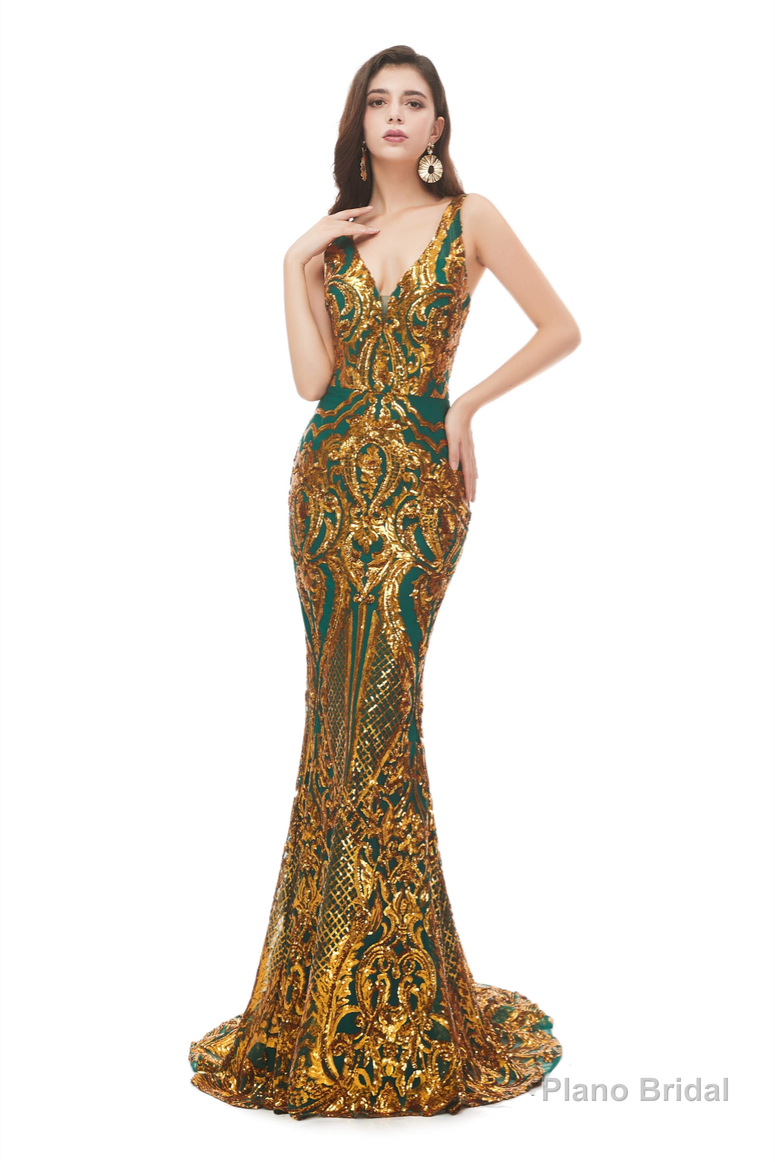 Mermaid V Neck Sleeveless Sequind Long Prom Dresses