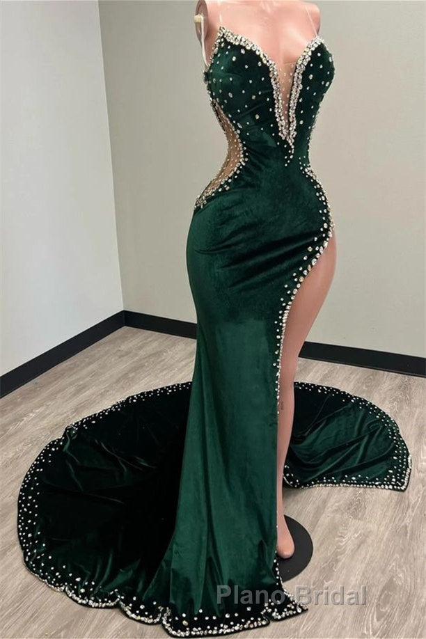 Mermaid V-neck Spaghetti strap Beaded High Split Floor-length Sleeveless Formal Prom Dress
