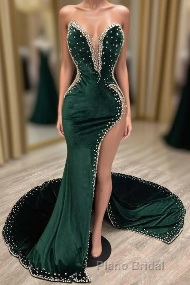 Mermaid V-neck Spaghetti strap Beaded High Split Floor-length Sleeveless Formal Prom Dress Main image