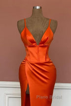 Mermaid V-Neck Spaghetti Straps Satin Dresses With Slit