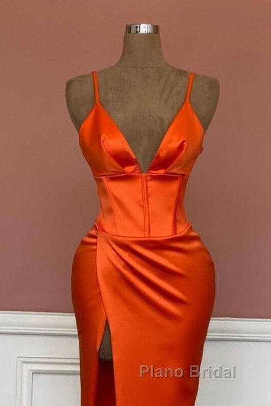 Mermaid V-Neck Spaghetti Straps Satin Dresses With Slit