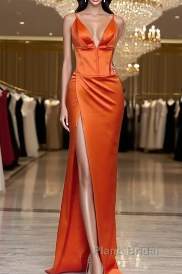 Mermaid V-Neck Spaghetti Straps Satin Dresses With Slit Main image