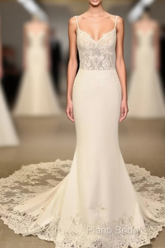 Mermaid V Neck Sweep Train Wedding Dresses Lace Appliques Main image