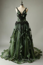 Mermaid V-Neck Tulle Applique Long Formal Prom Dresses Vintage Lace Formal Evening Dresses