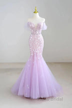 Mermaid V Neck Tulle Sequin Purple Long Formal Prom Dresses Formal Dresses