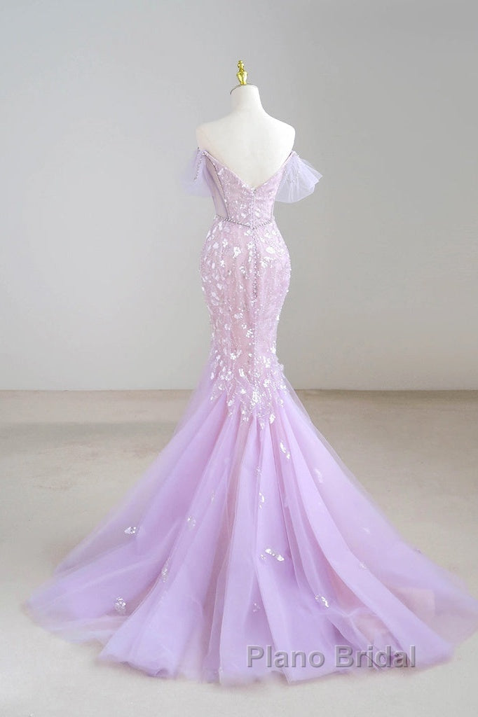 Mermaid V Neck Tulle Sequin Purple Long Formal Prom Dresses, Purple Long Formal Dresses