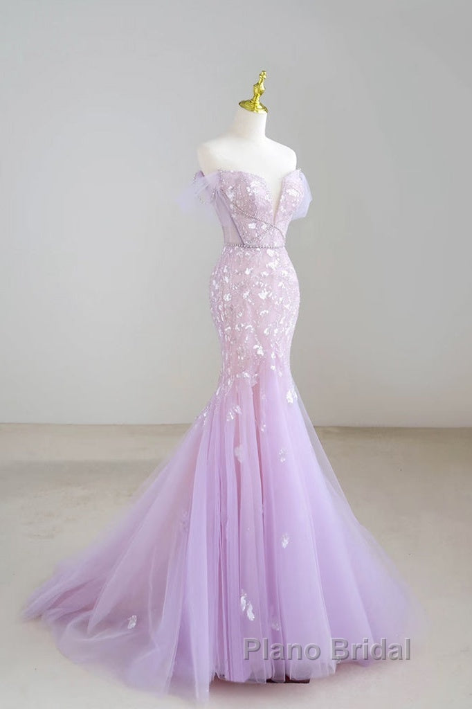 Mermaid V Neck Tulle Sequin Purple Long Formal Prom Dresses, Purple Long Formal Dresses