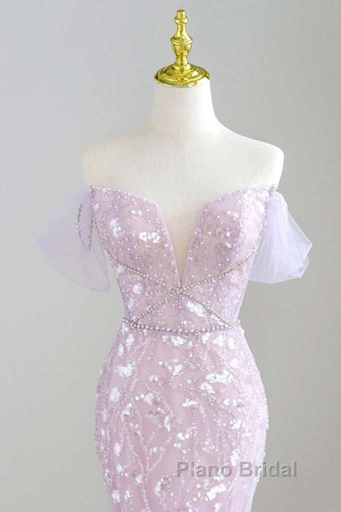 Mermaid V Neck Tulle Sequin Purple Long Formal Prom Dresses, Purple Long Formal Dresses