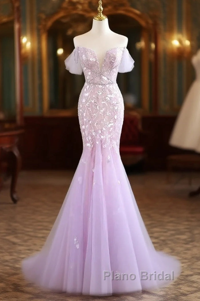 Mermaid V Neck Tulle Sequin Purple Long Formal Prom Dresses, Purple Long Formal Dresses Main image