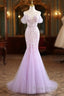 Mermaid V Neck Tulle Sequin Purple Long Formal Prom Dresses, Purple Long Formal Dresses
