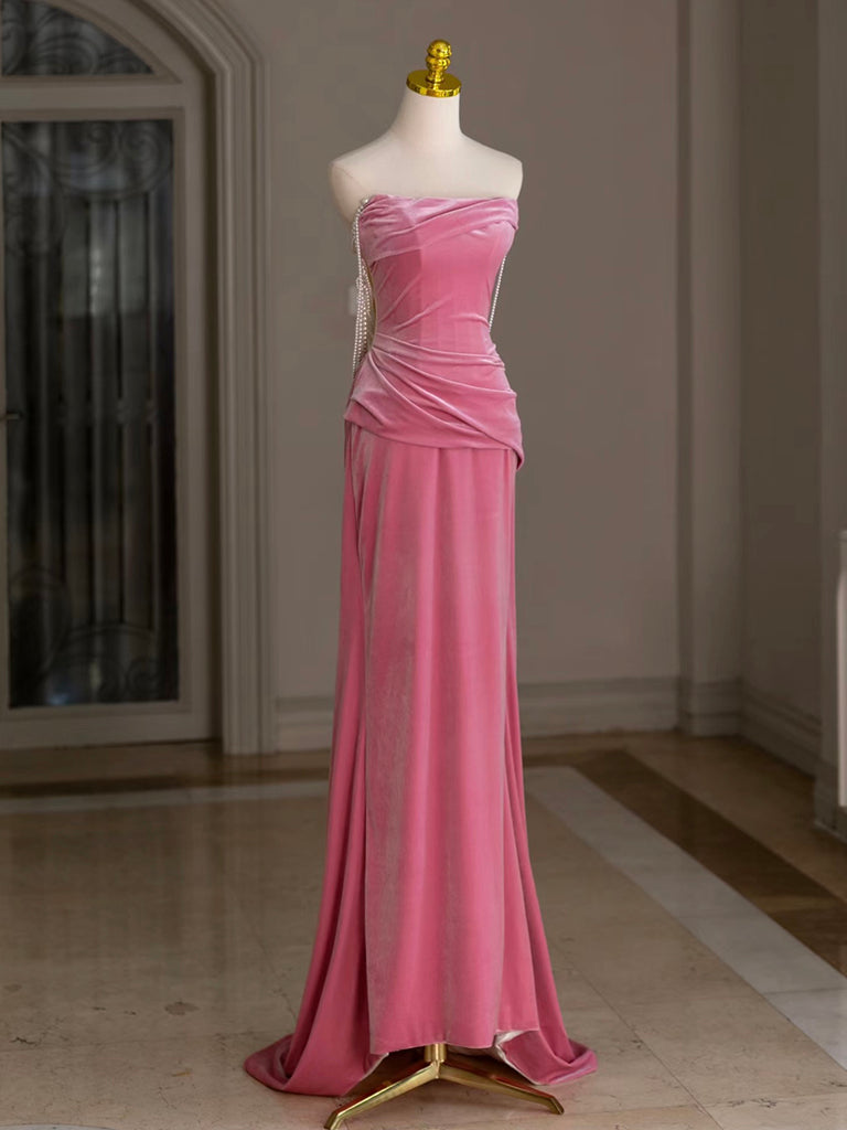 Mermaid Velvet Beads Pink Long Formal Prom Dresses, Pink Long Formal Dresses Main image