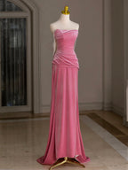 Mermaid Velvet Beads Pink Long Formal Prom Dresses, Pink Long Formal Dresses