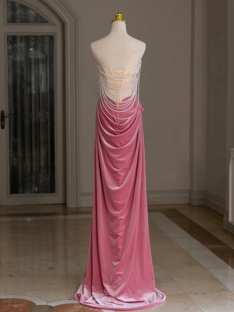 Mermaid Velvet Beads Pink Long Formal Prom Dresses, Pink Long Formal Dresses Secondary image