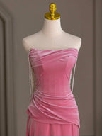 Mermaid Velvet Beads Pink Long Formal Prom Dresses, Pink Long Formal Dresses