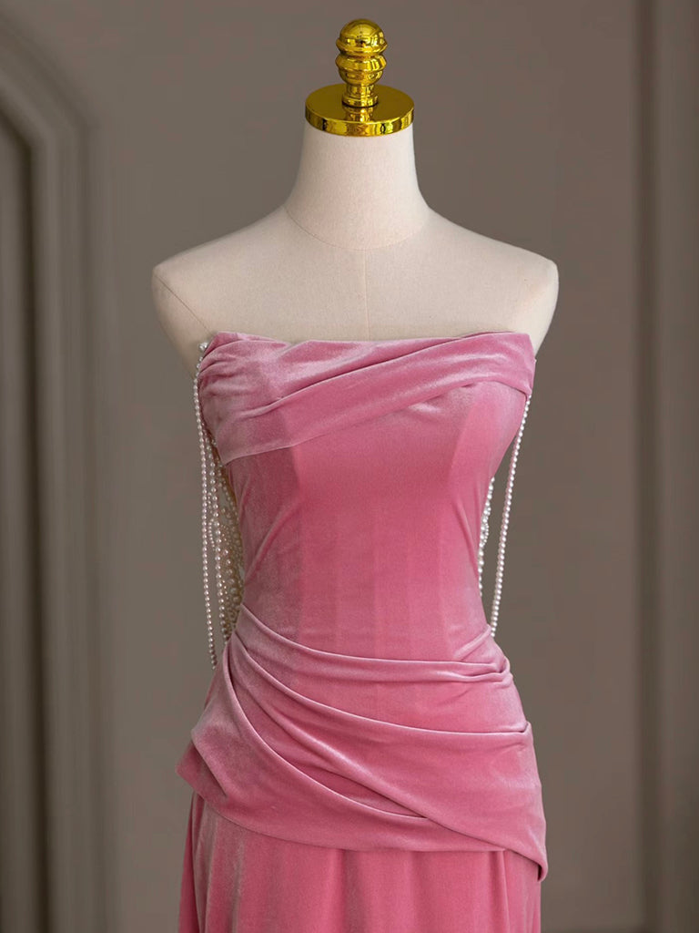 Mermaid Velvet Beads Pink Long Formal Prom Dresses, Pink Long Formal Dresses