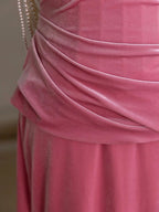 Mermaid Velvet Beads Pink Long Formal Prom Dresses, Pink Long Formal Dresses