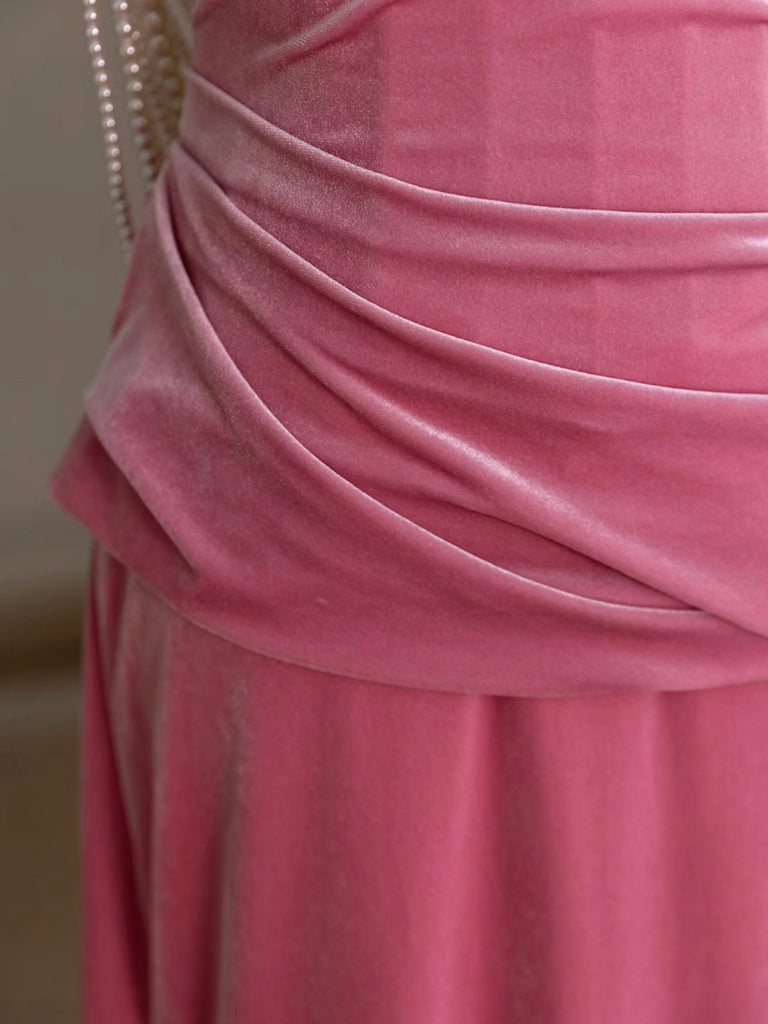 Mermaid Velvet Beads Pink Long Formal Prom Dresses, Pink Long Formal Dresses