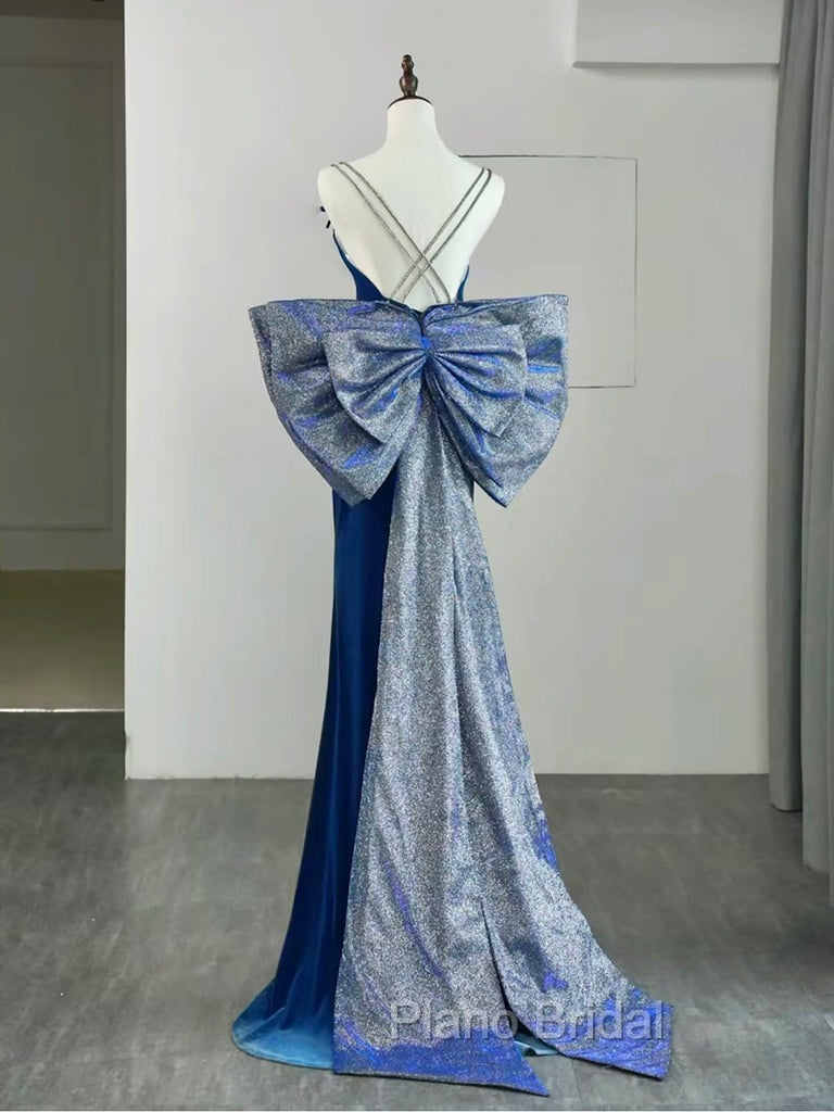 Mermaid Velvet Blue Long Formal Prom Dresses, Blue Long Formal Dresses