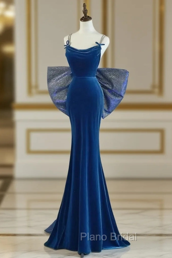 Mermaid Velvet Blue Long Formal Prom Dresses, Blue Long Formal Dresses Main image