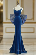 Mermaid Velvet Blue Long Formal Prom Dresses, Blue Long Formal Dresses