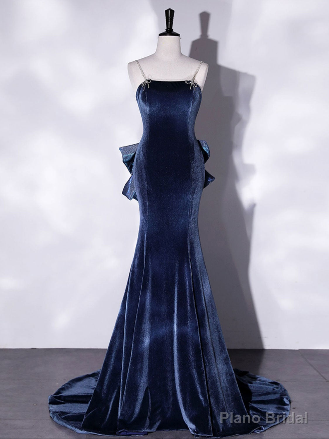 Mermaid Velvet Blue Long Prom Dresses, Blue Velvet Long Evening Dress Main image