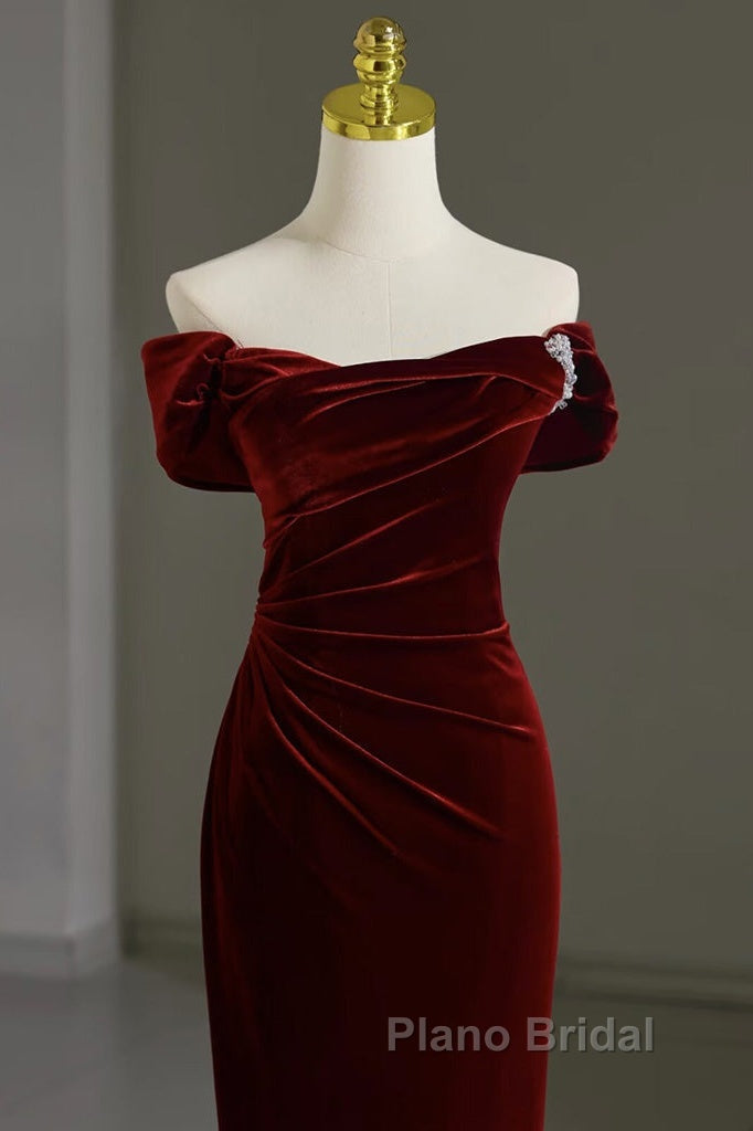 Mermaid Velvet Burgundy Long Formal Prom Dresses, Burgundy Long Evening Dresses Secondary image