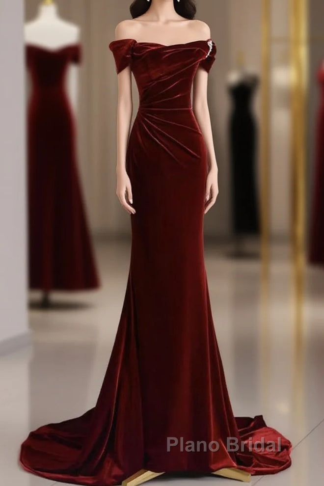 Mermaid Velvet Burgundy Long Formal Prom Dresses, Burgundy Long Evening Dresses