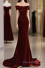 Mermaid Velvet Burgundy Long Formal Prom Dresses, Burgundy Long Evening Dresses