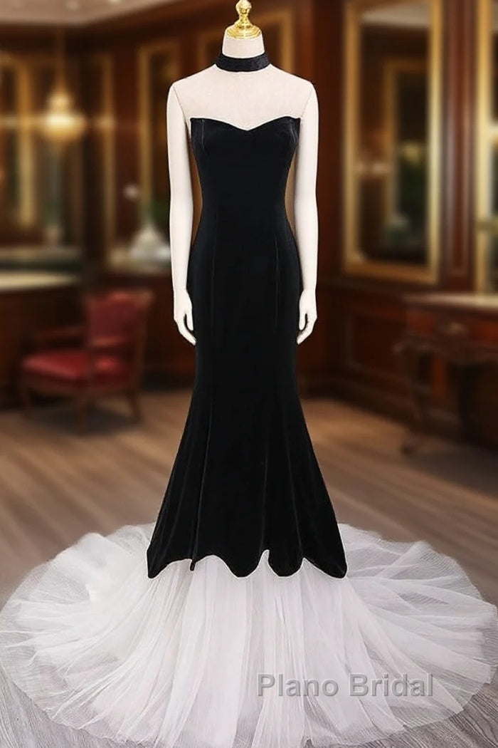 Mermaid Velvet Tulle Black Long Formal Prom Dresses, Black Long Formal Dresses Main image