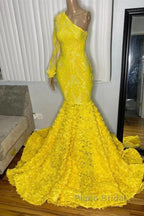 Mermaid Yellow One Shoulder  Long Sleeve Formal Prom Dresses