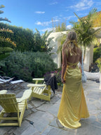 Mermaid Yellow Silk Satin Formal Evening Party Dresses Long Backless Formal Prom Dresses