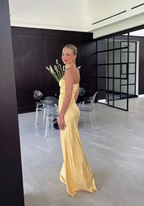 Mermaid Yellow Silk Satin Formal Evening Party Dresses Long Formal Prom Dresses
