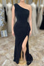Black One Shoulder Mermaid Ruffle Long Mother of Bride Dresses with Slit