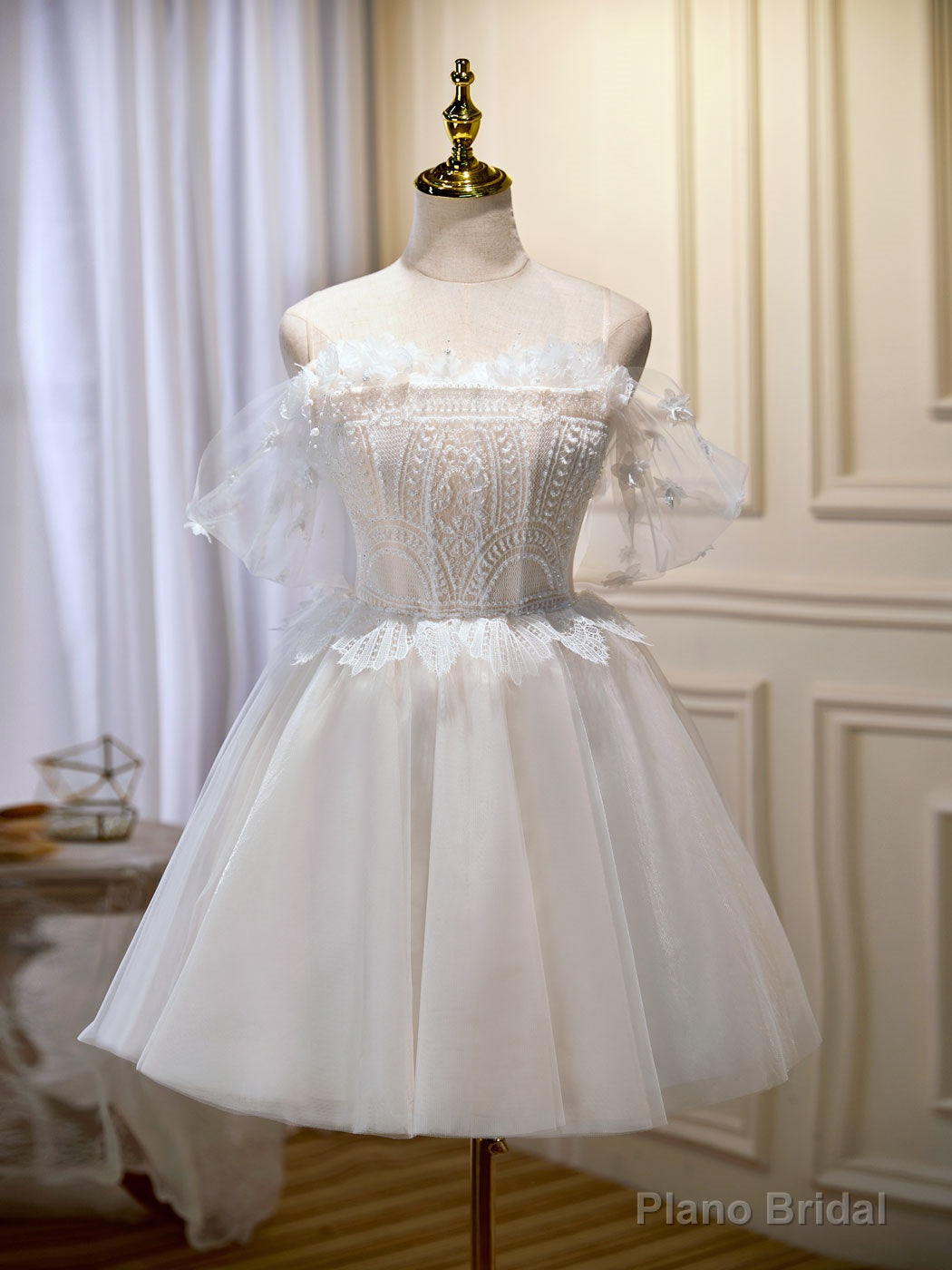 Mini/Short Beige Prom Dress, Puffy Beige Homecoming Dress With Lace Secondary image