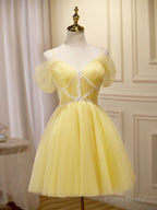 Mini/Short Yellow Prom Dresses, Yellow Cute Homecoming Dress With Beading Lace