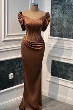 Minimalist Short Sleeves Satin Mermaid Prom Dresses Column Long With Pleats