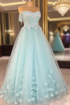 Mint Blue Sweetheart Tulle With Lace And Flowers Formal Dresses, Tulle Long Formal Prom Dresses Party Dresses
