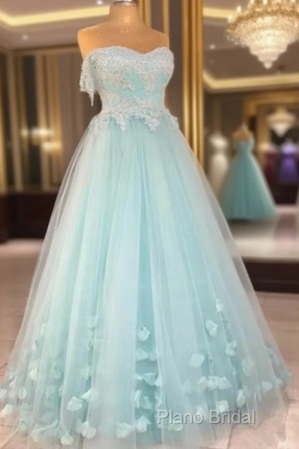 Mint Blue Sweetheart Tulle With Lace And Flowers Formal Dresses, Tulle Long Formal Prom Dresses Party Dresses