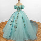 Mint Green Off Shoulder Court Train Quinceaera Dress