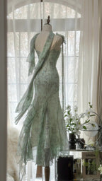 Mint Green Romantic Fashion Elegant Exquisite Beading Spaghetti Straps Long Tulle Chiffon Ruffle Ball Gown Formal Evening Dresses Party Dresses