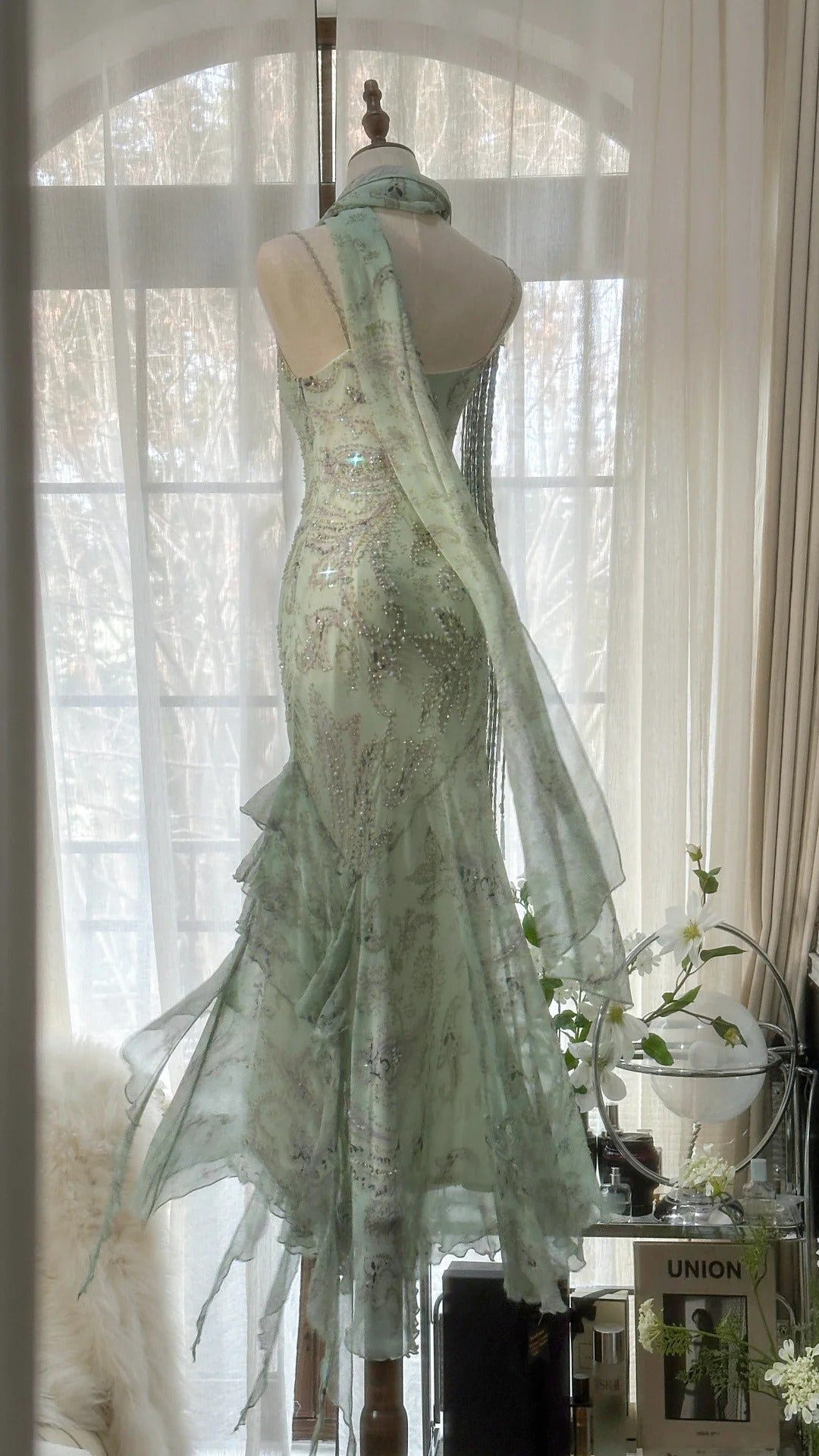Mint Green Romantic Fashion Elegant Exquisite Beading Spaghetti Straps Long Tulle Chiffon Ruffle Ball Gown Formal Evening Dresses Party Dresses
